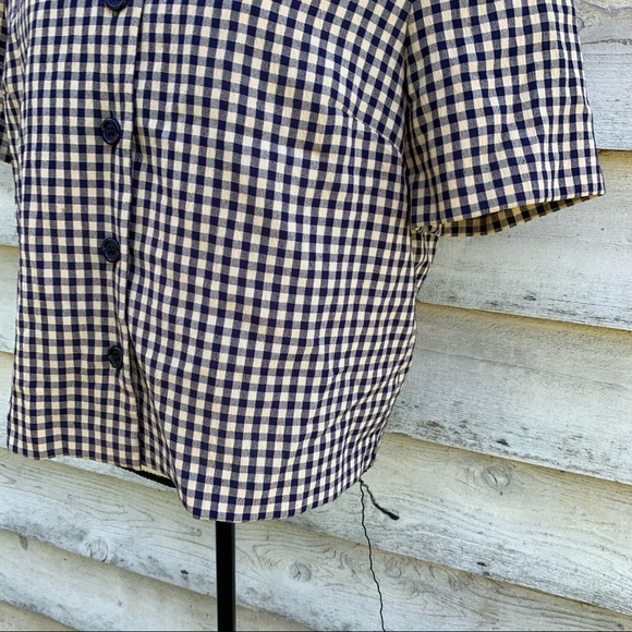 Vintage 80s Gingham Plaid Seersucker Button Up Short Sleeve Peter Pan Collar Top - Picture 12 of 16